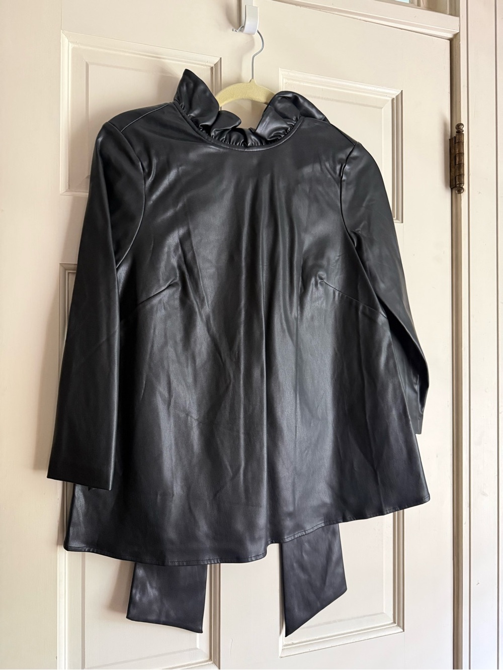 Tuckernuck Black Faux Leather Ruffle-Neck shirt size S